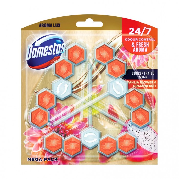 Блок для очищення унітазу Domestos Aroma Lux Свіжість квітів жоржини та драгонфруту, 3*55 г
