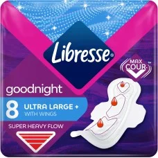 Гігієнічні прокладки для критичних днів Libresse Ultra Goodnight Large нічні з крильцями, 8 шт