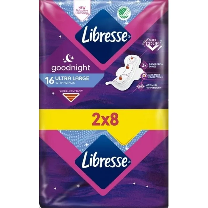 Гігієнічні прокладки для критичних днів Libresse Ultra Goodnight Large нічні з крильцями, 2*8 шт