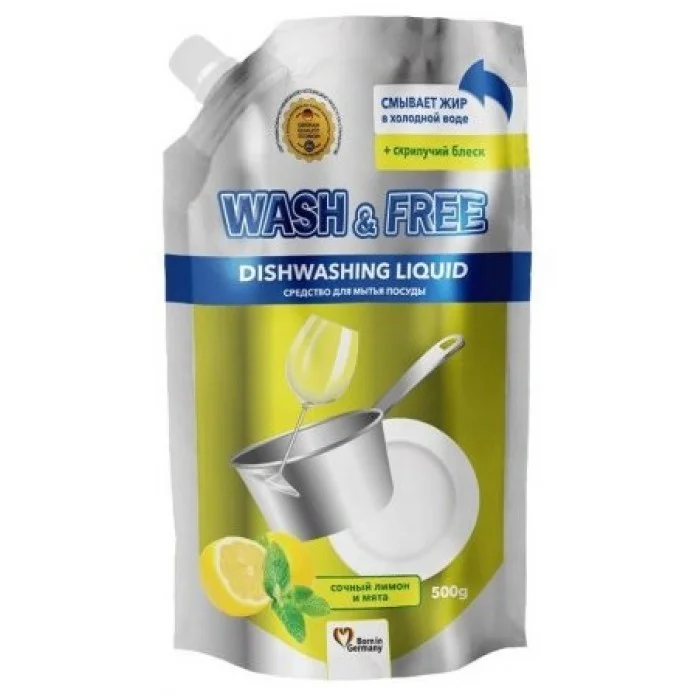 Засіб для миття посуду "Wash&Free"  лимон та м’ята 500г (DOYPACK)