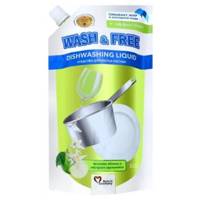 Засіб для миття посуду "Wash&Free" зелене яблуко та екстракт едельвейса 500г (DOYPACK)